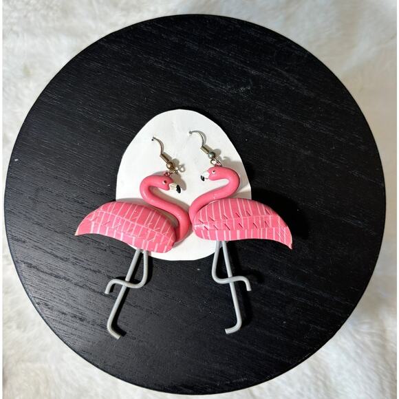 Flamingo Pierced Earrings‎ 1980's Pink and Gray Artisan Jewelry Fun - Picture 3 of 6